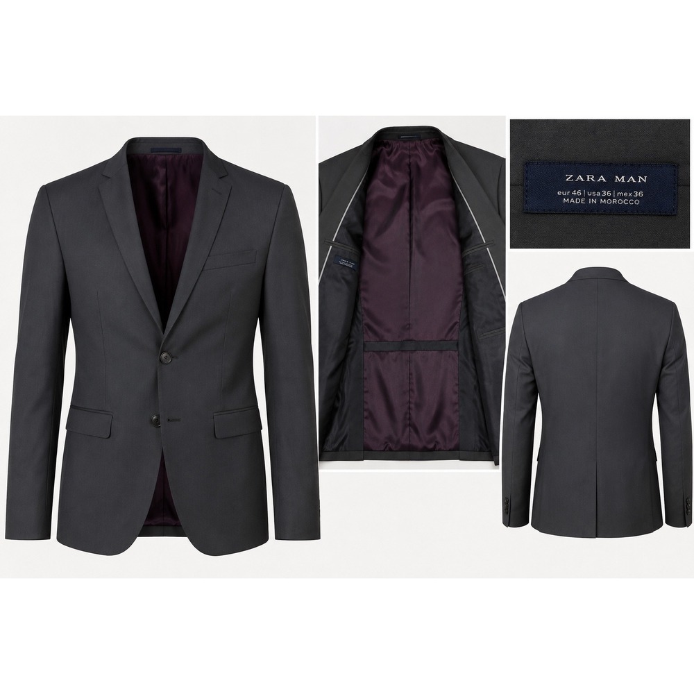 Zara Man Charcoal Gray 2 Button Blazer Sport Coat 36R Slim Jacket Wedding Guest